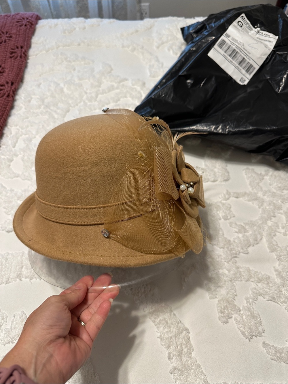 Classic Tan Felt Cloche Hat with Floral Veil Accent